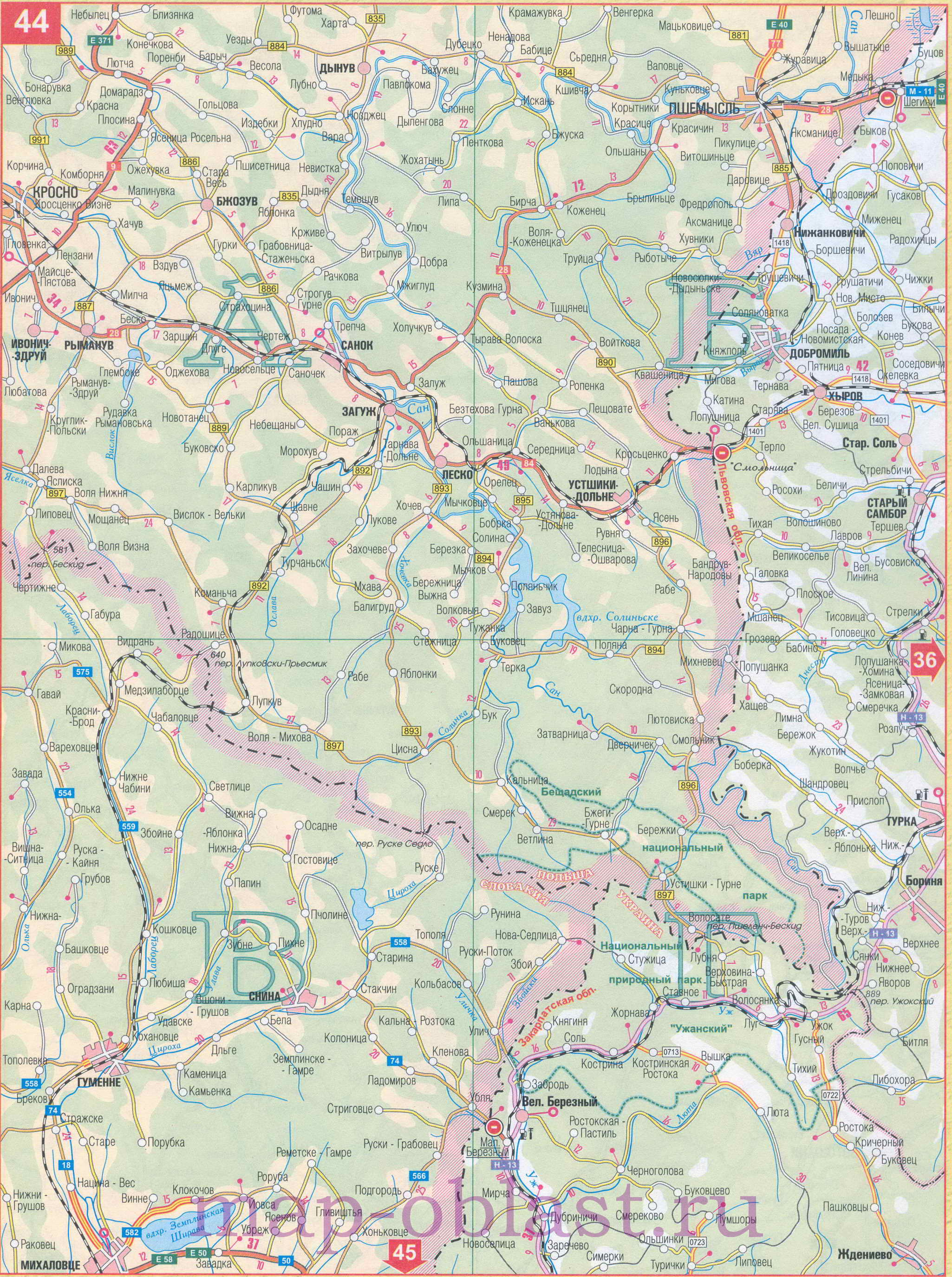Карта дорог запада Украины - Закарпатская область. Подробная автомобильная карта Закарпатской области, A0 - 