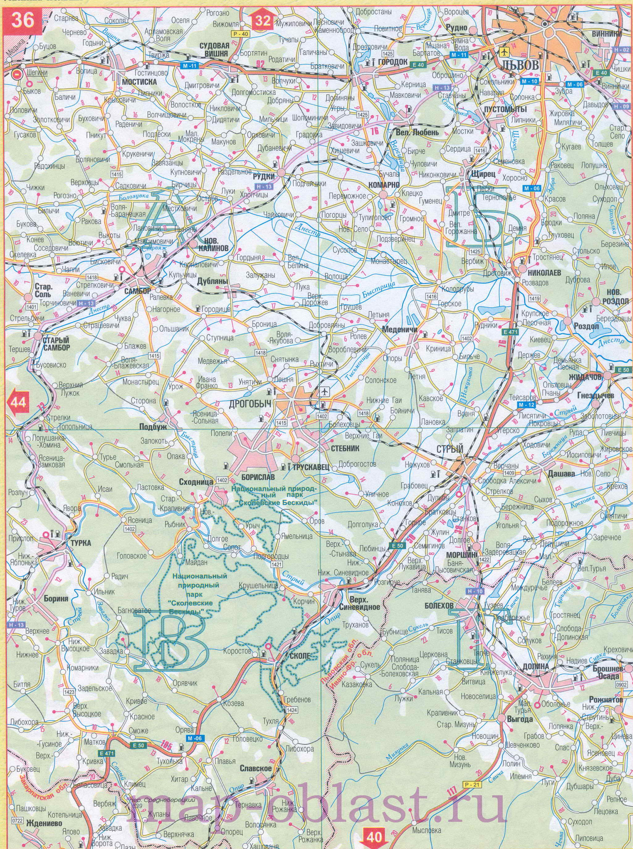 Карта дорог запада Украины - Закарпатская область. Подробная автомобильная карта Закарпатской области, B0 - 