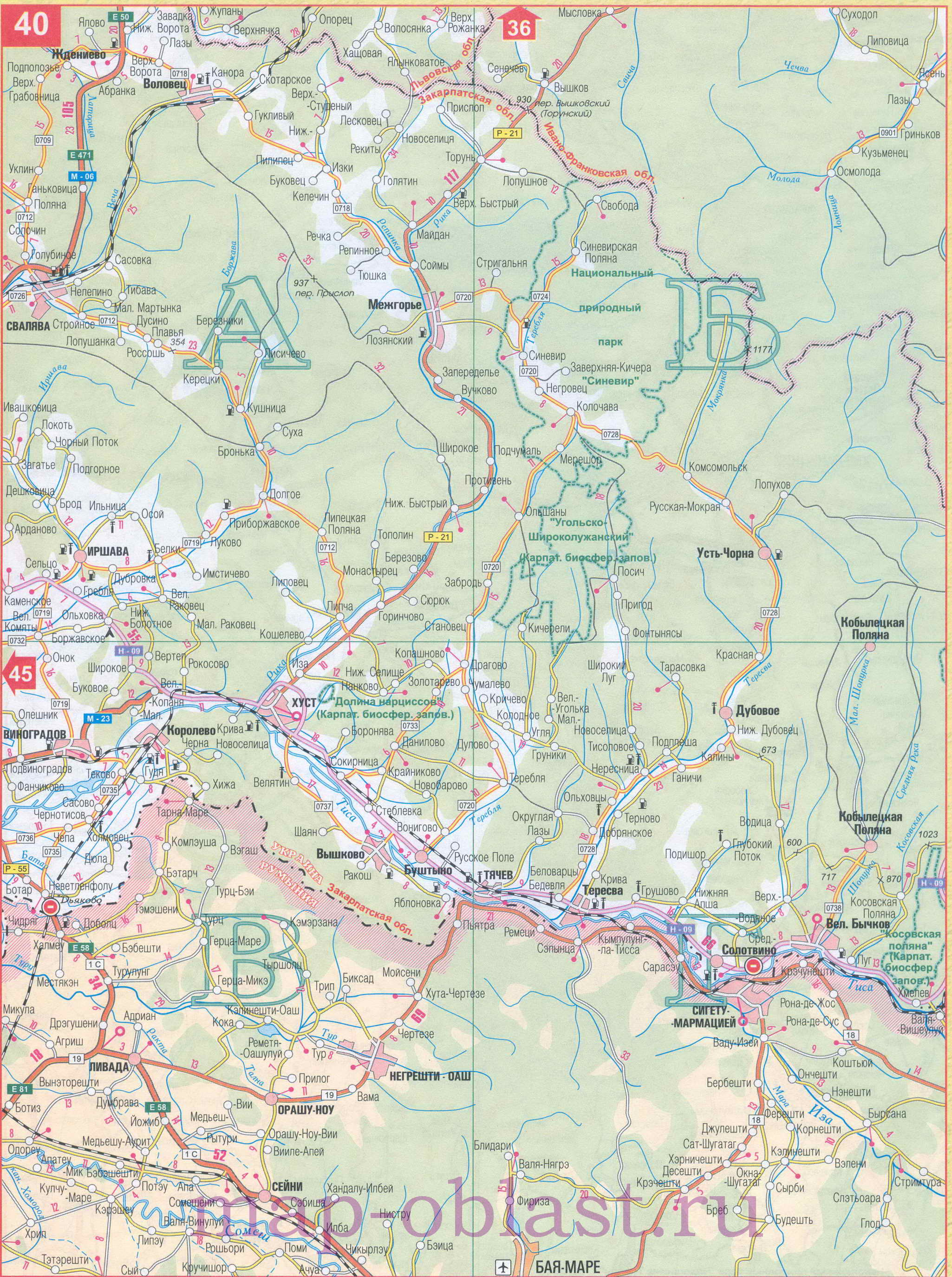 Карта дорог запада Украины - Закарпатская область. Подробная автомобильная карта Закарпатской области, B1 - 