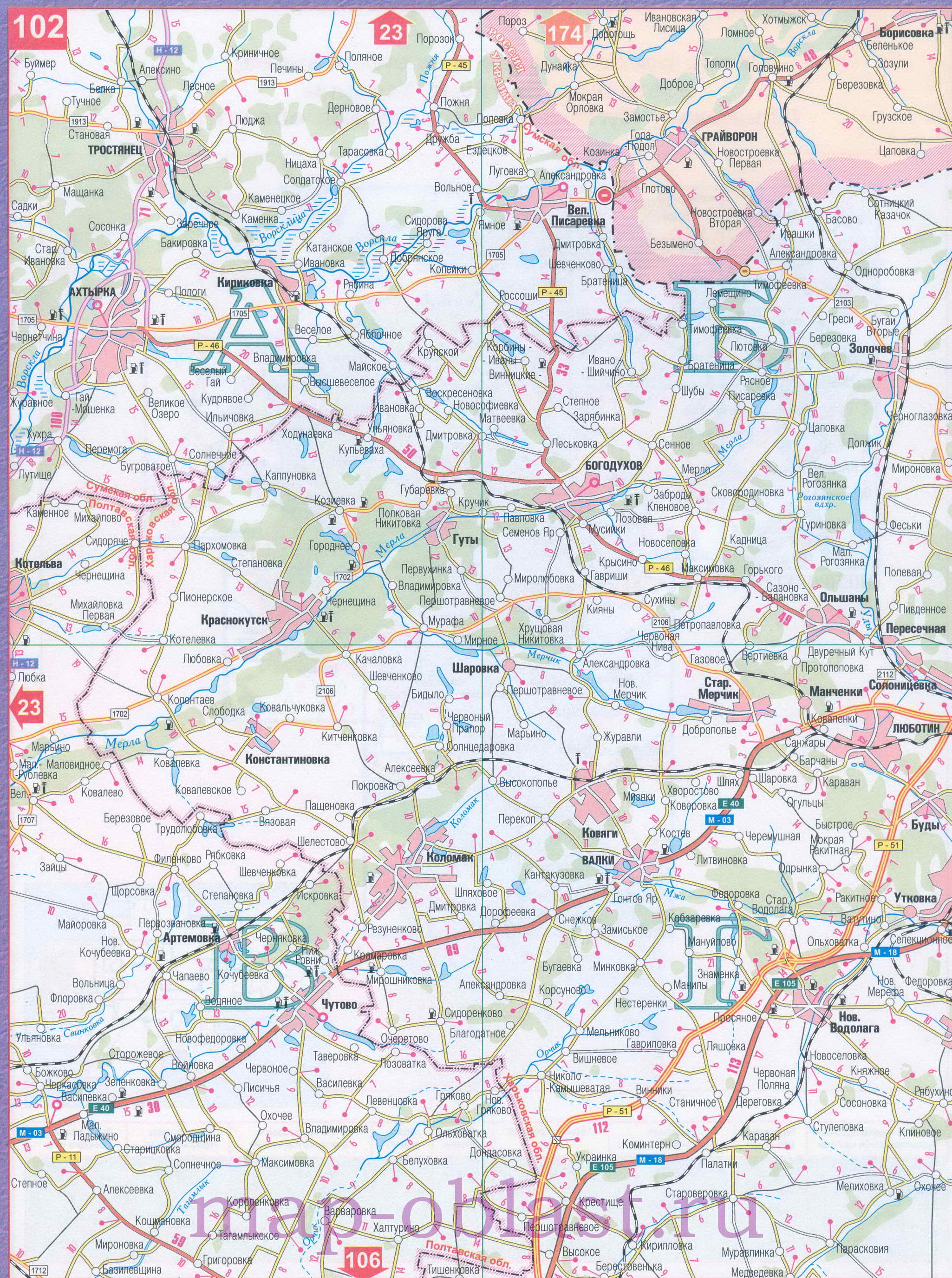 Автомобильная карта Восточной Украины - Харьковская область. Большая подробная карта Харьковской области, A0 - 