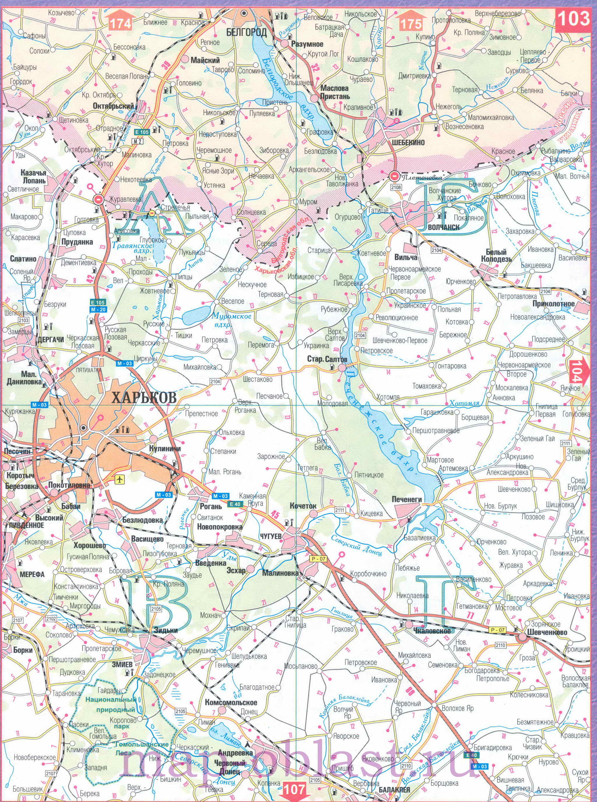 Автомобильная карта Восточной Украины - Харьковская область. Большая подробная карта Харьковской области, B0 - 