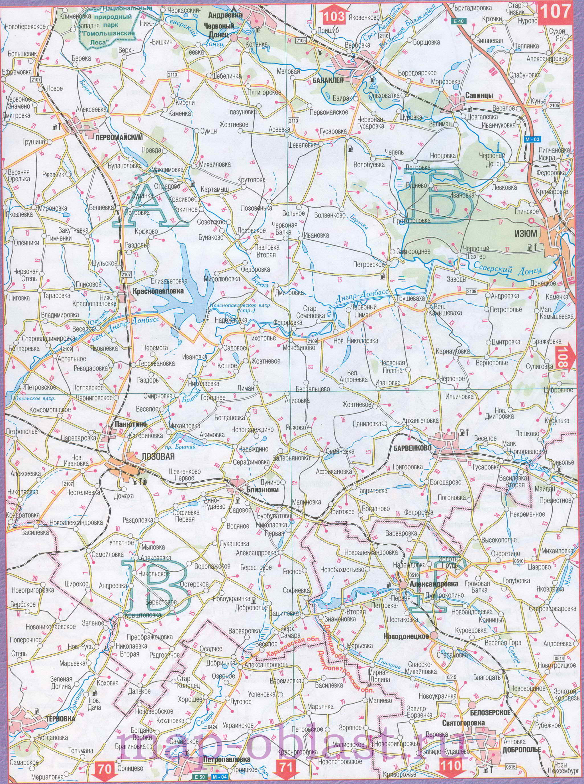 Автомобильная карта Восточной Украины - Харьковская область. Большая подробная карта Харьковской области, B1 - 