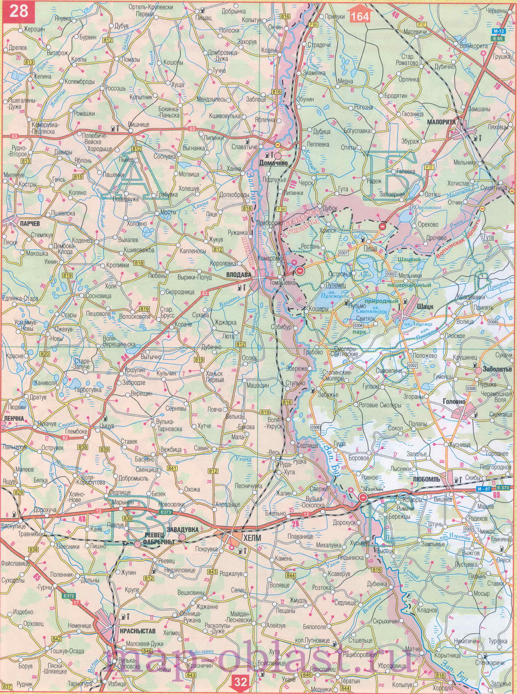 Карта границы Украина Польша. Карта автодорог Украина Польша, переход Ягодин, A0 - 
