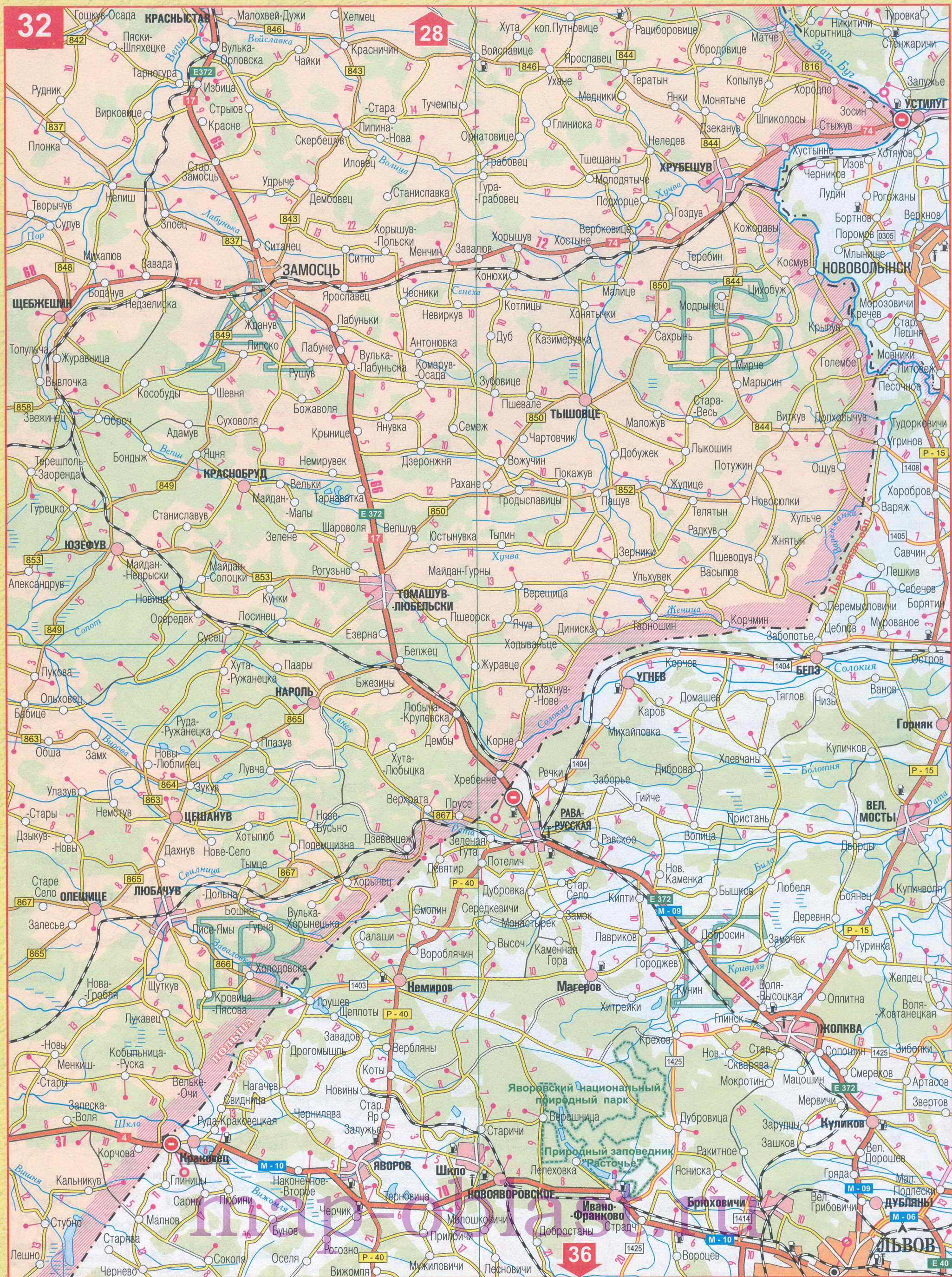 Карта границы Украина Польша. Карта автодорог Украина Польша, переход Ягодин, A1 - 