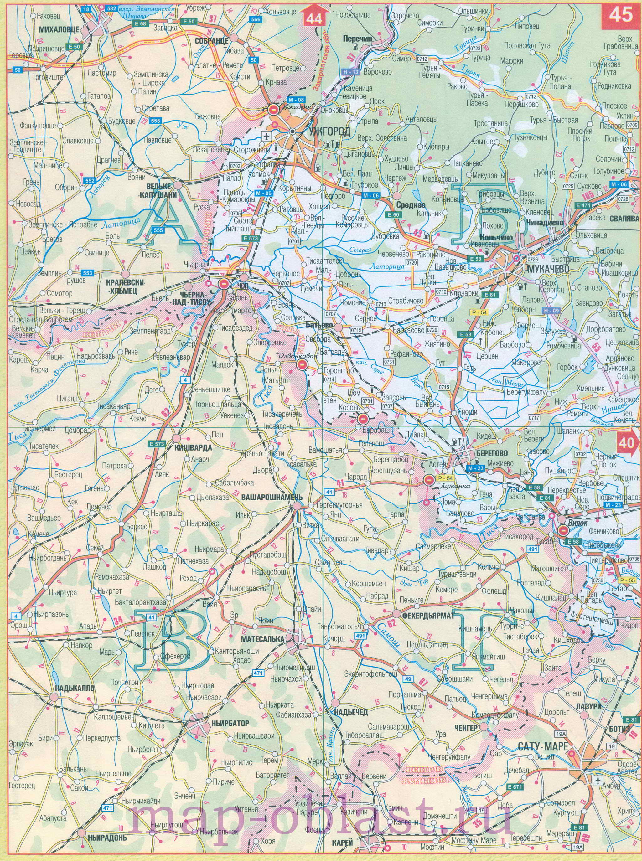 Карта границы Украина Венгрия. Карта автодорог Украина Венгрия, переходы Ужгород, Чоп, Лужанка, A0 - 