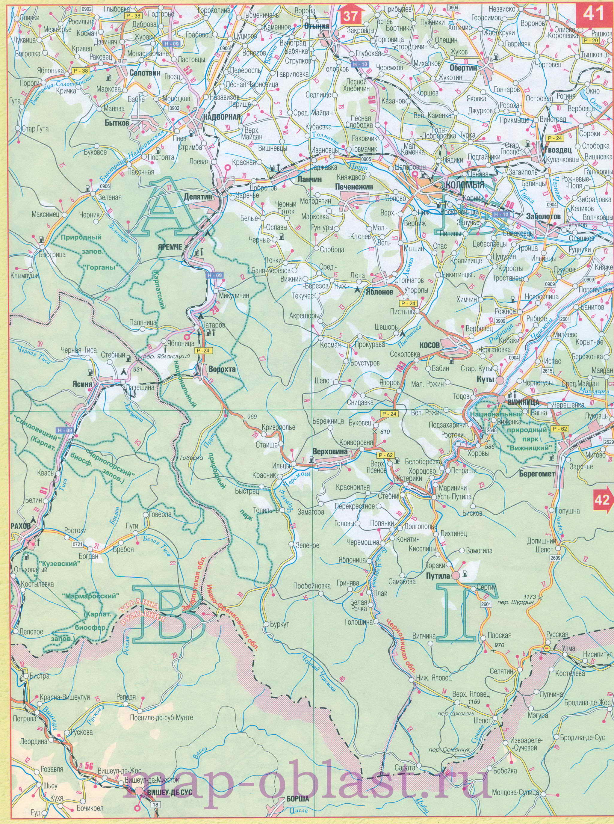 Карта границы Украина Румыния. Карта автомобильных дорог Украина Румыния, переход Порубное, B0 - 