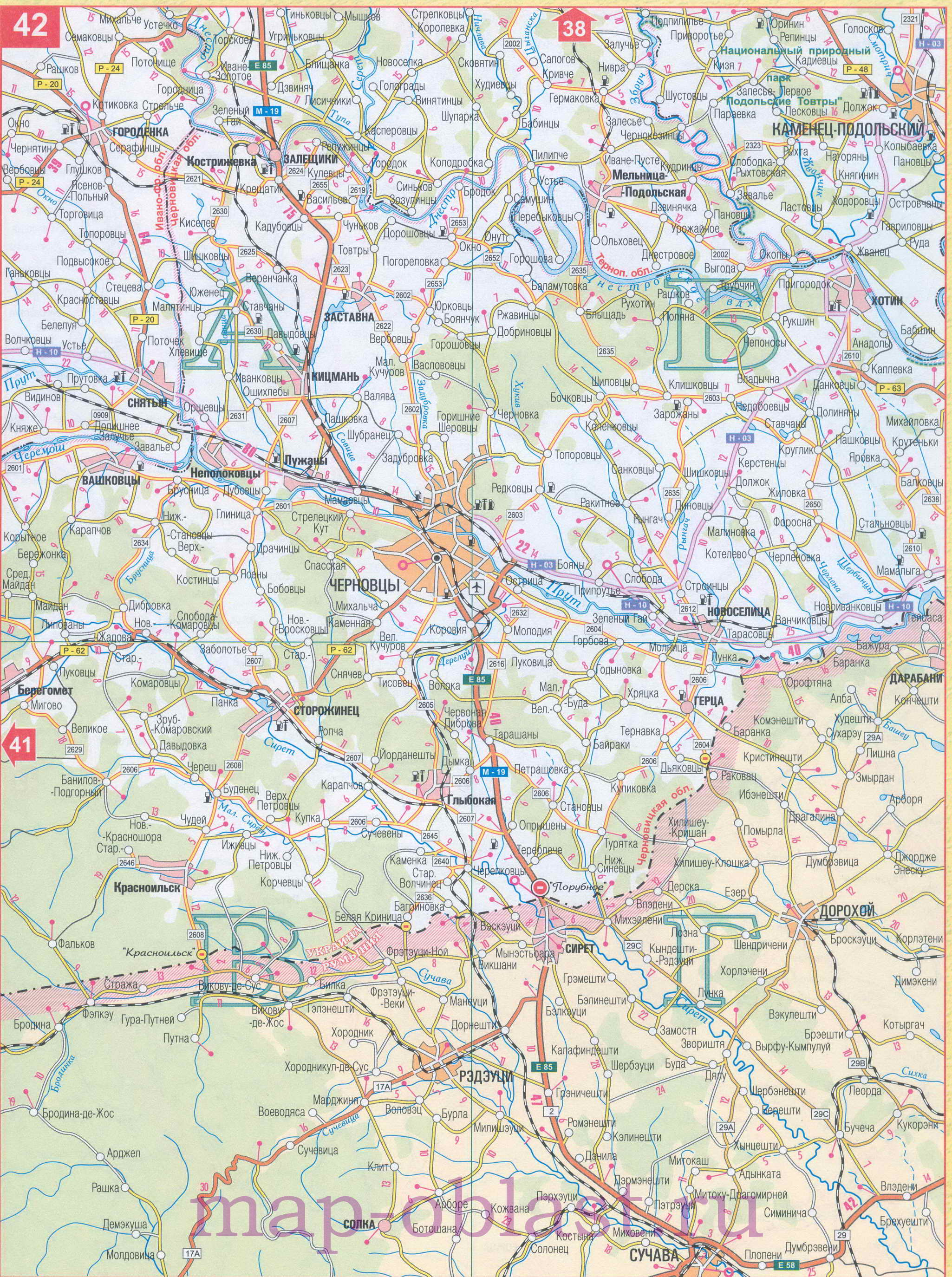 Карта границы Украина Румыния. Карта автомобильных дорог Украина Румыния, переход Порубное, C0 - 
