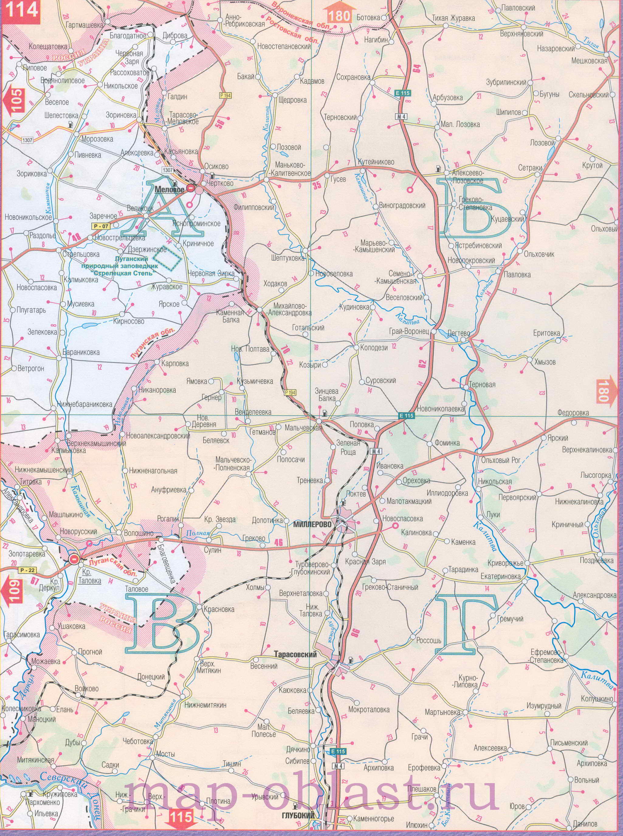 Карта границы Украина Россия. Карта автомобильных дорог Украины-России - Луганск Миллерово, A0 - 