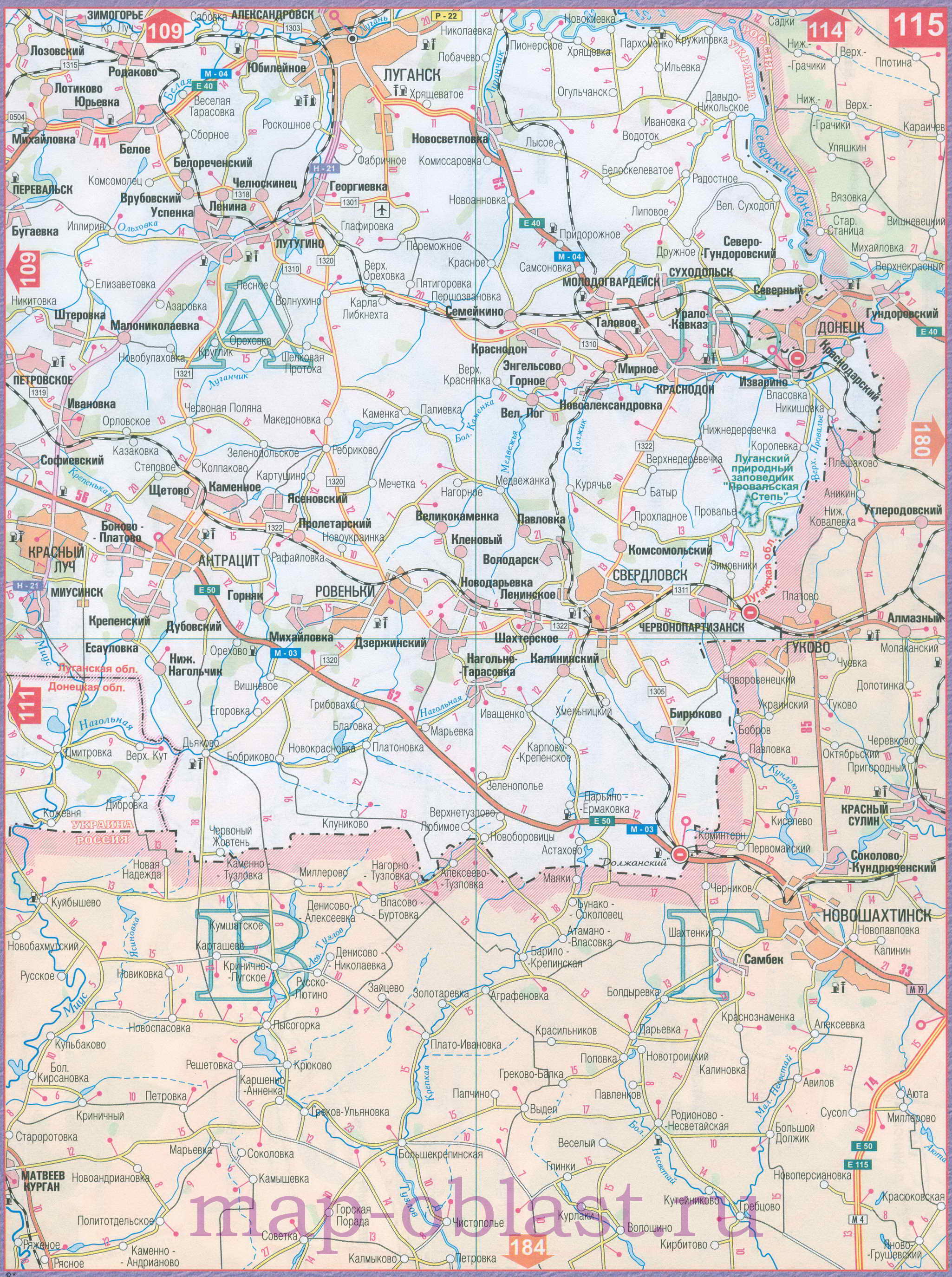 Карта границы Украина Россия. Карта автомобильных дорог Украины-России - Луганск Миллерово, A1 - 