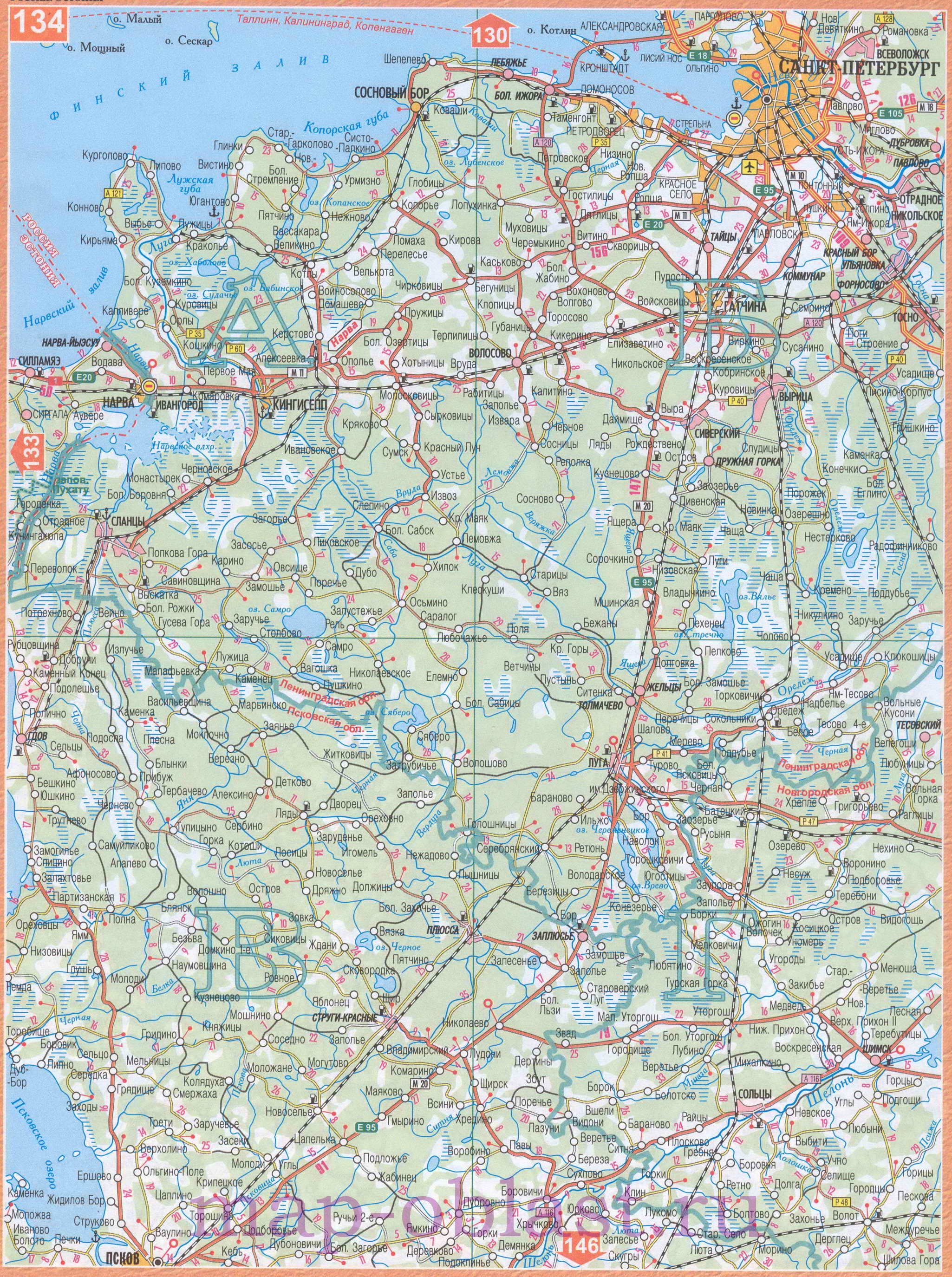 Карта границы Россия Эстония. Автодороги Россия Эстония, B0 - 