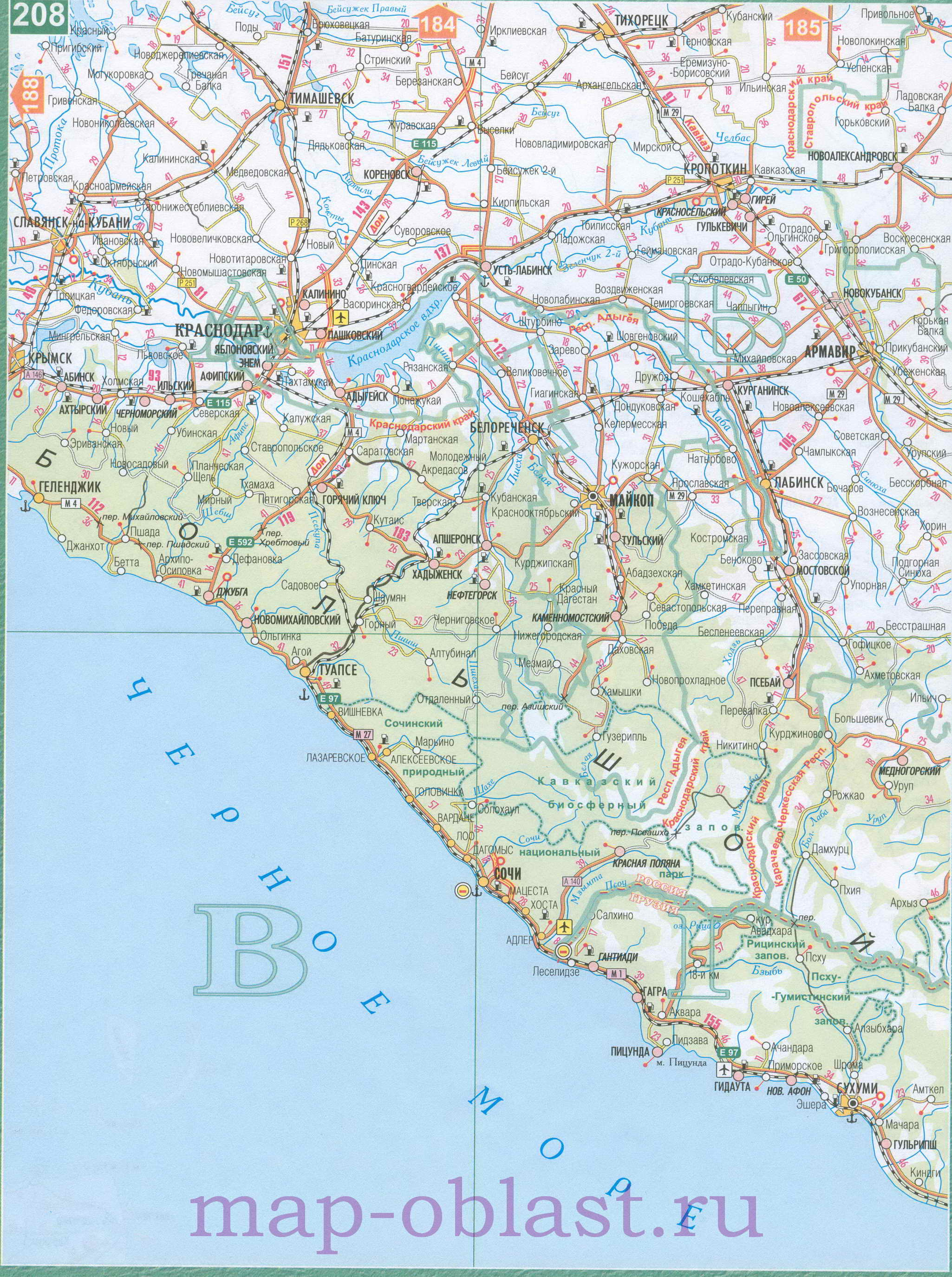 Карта автодорог Северного Кавказа. Подробная автомобильная карта Северный Кавказ, A0 - 