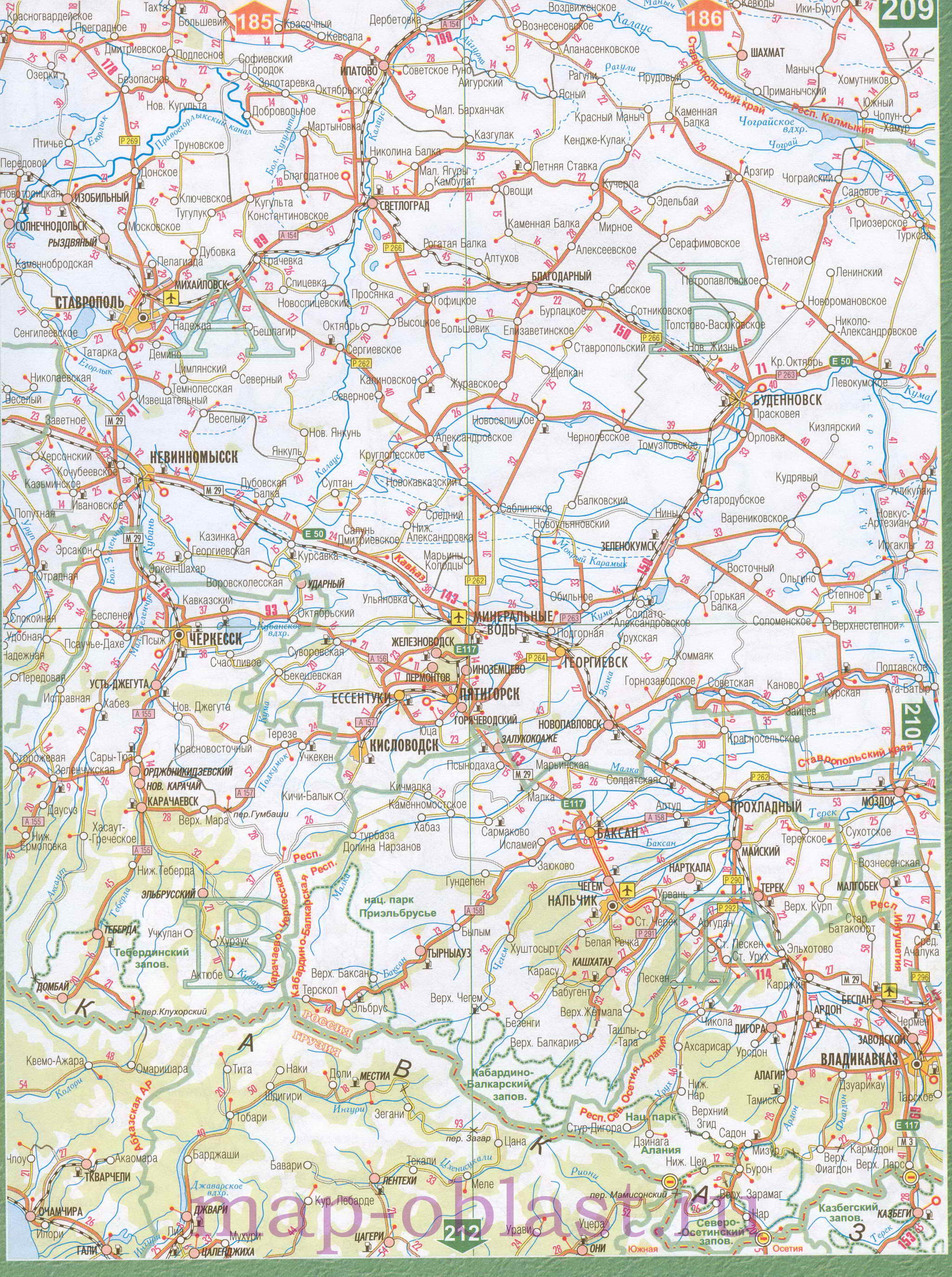 Карта автодорог Северного Кавказа. Подробная автомобильная карта Северный Кавказ, B0 - 