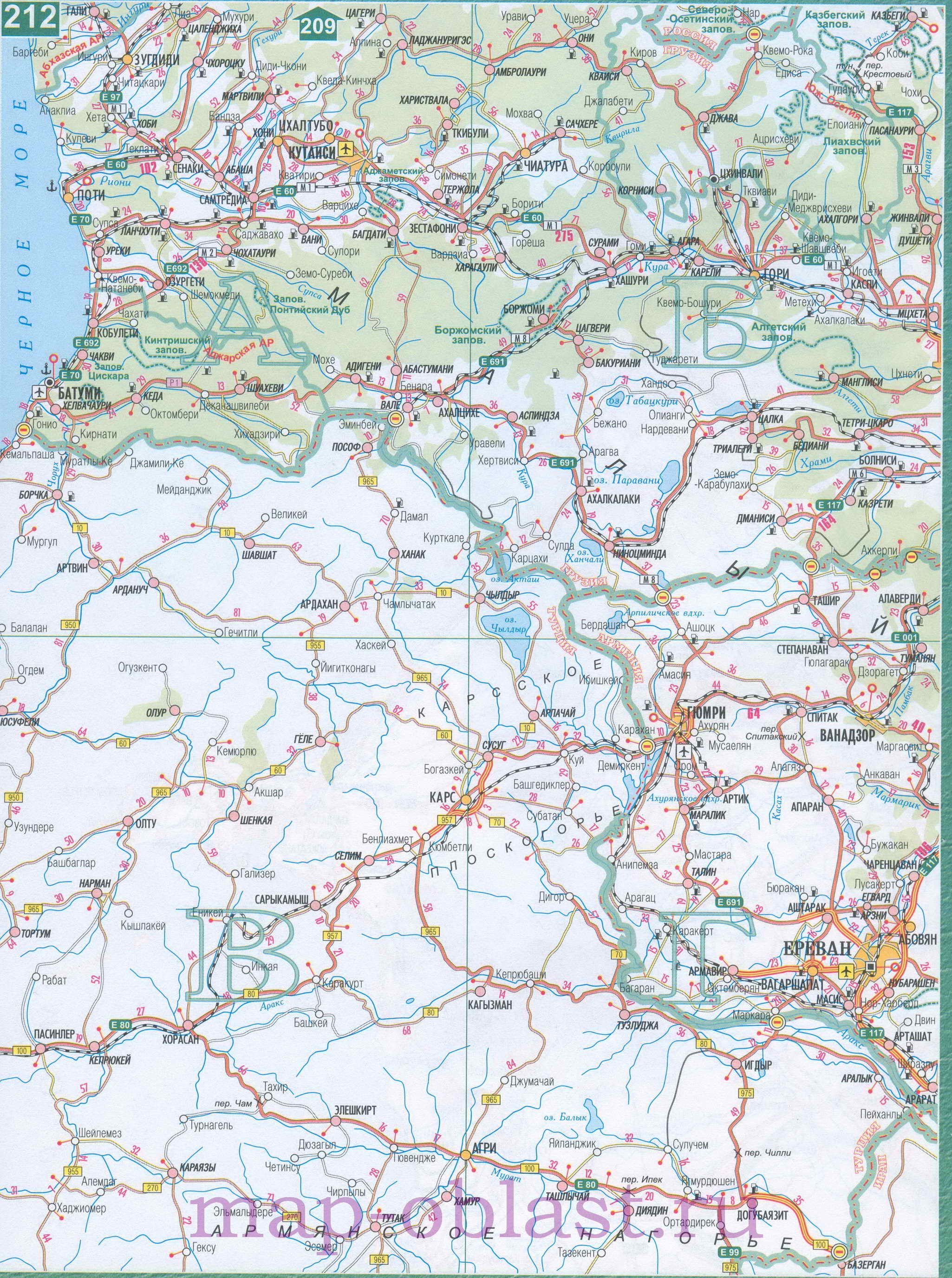 Карта Кавказа - Россия, Грузия, Армения, Азербайджан. Карта дорог Кавказа подробная, A0 - 