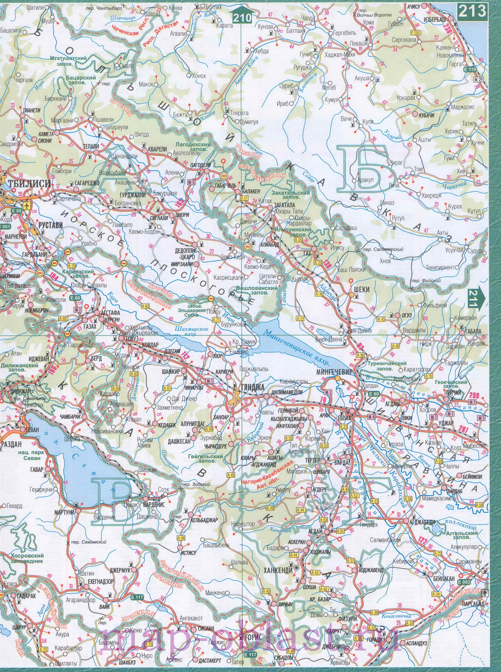 Карта Кавказа - Россия, Грузия, Армения, Азербайджан. Карта дорог Кавказа подробная, B0 - 
