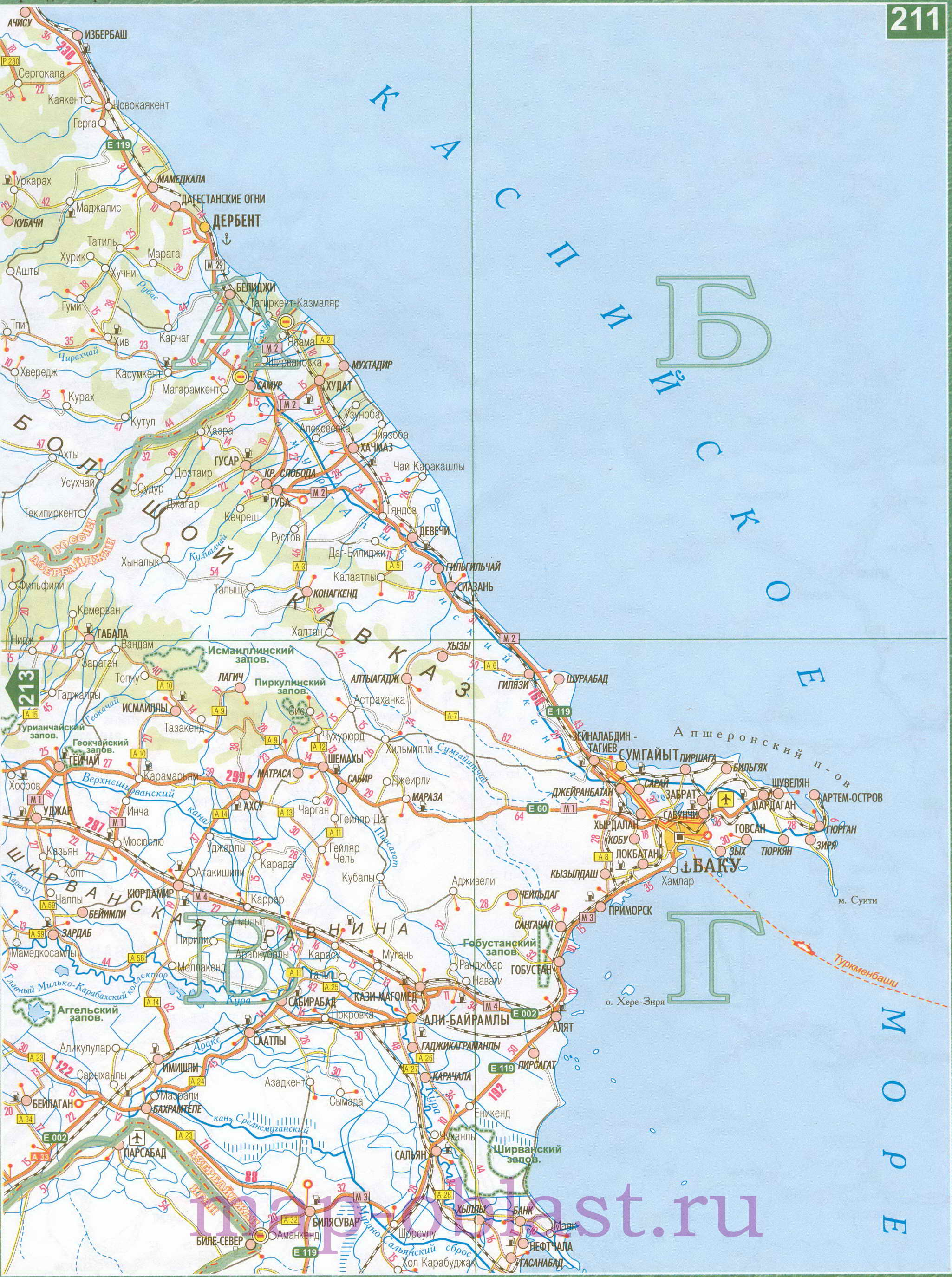 Карта Кавказа - Россия, Грузия, Армения, Азербайджан. Карта дорог Кавказа подробная, C0 - 