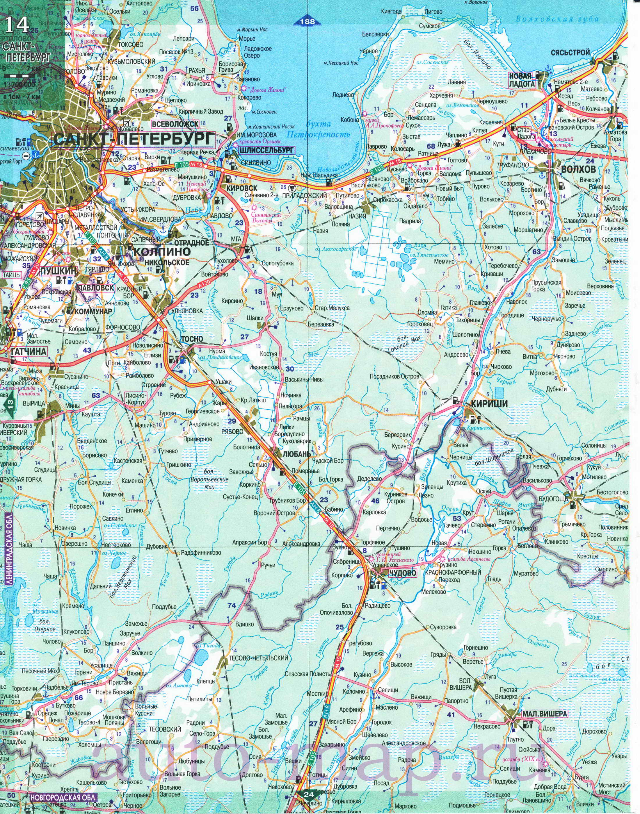 Карта Северо-Западного региона России. Подробная крупномасштабная карта автодорог Северо-Запада России, C0 - 
