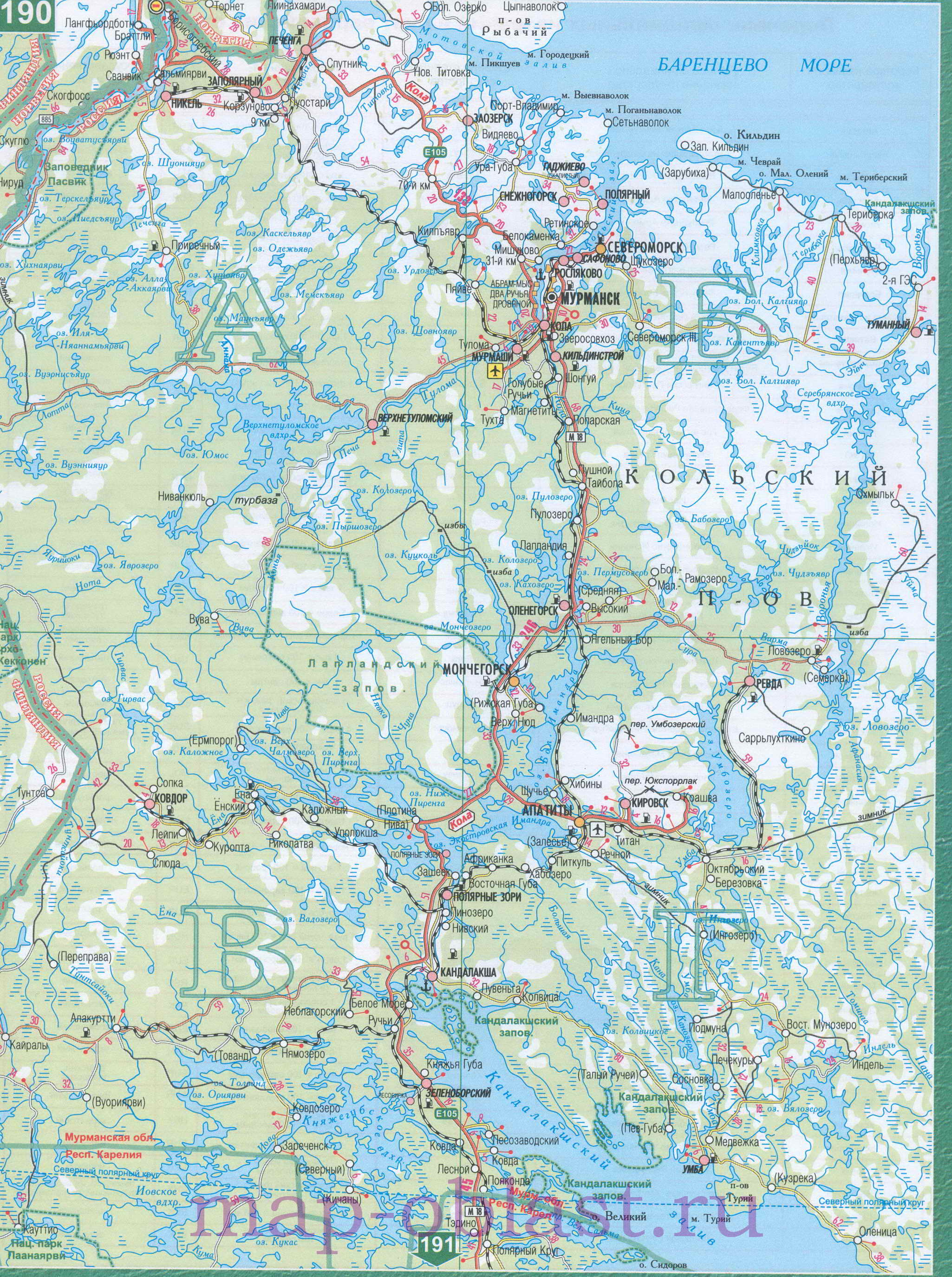Карта Мурманской области. Автомобильная карта Мурманской области масштаба 1см:15км, A0 - 