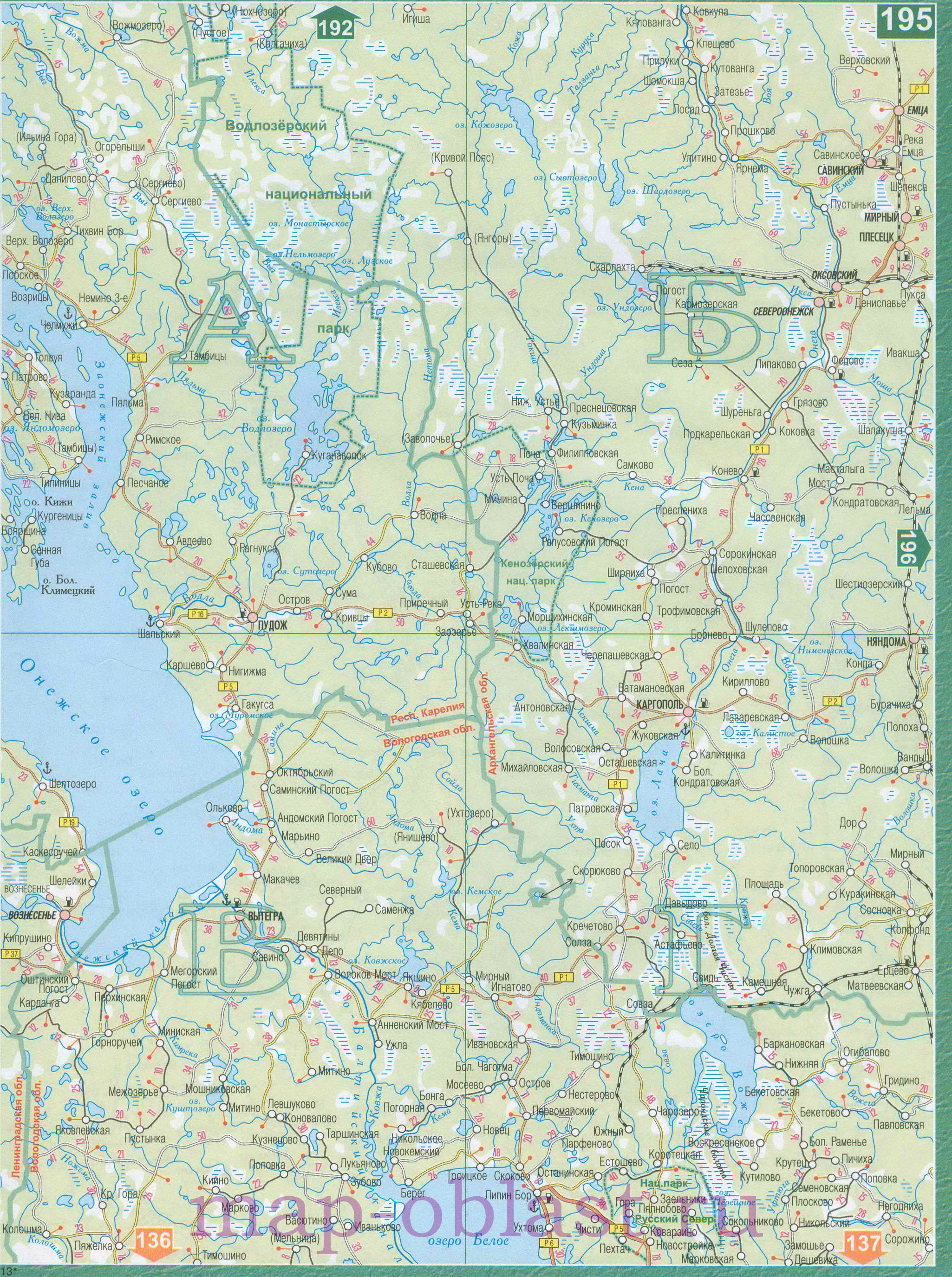 Карта Северо-Запада России. Автомобильная карта Северо-Западного региона России, B1 - 