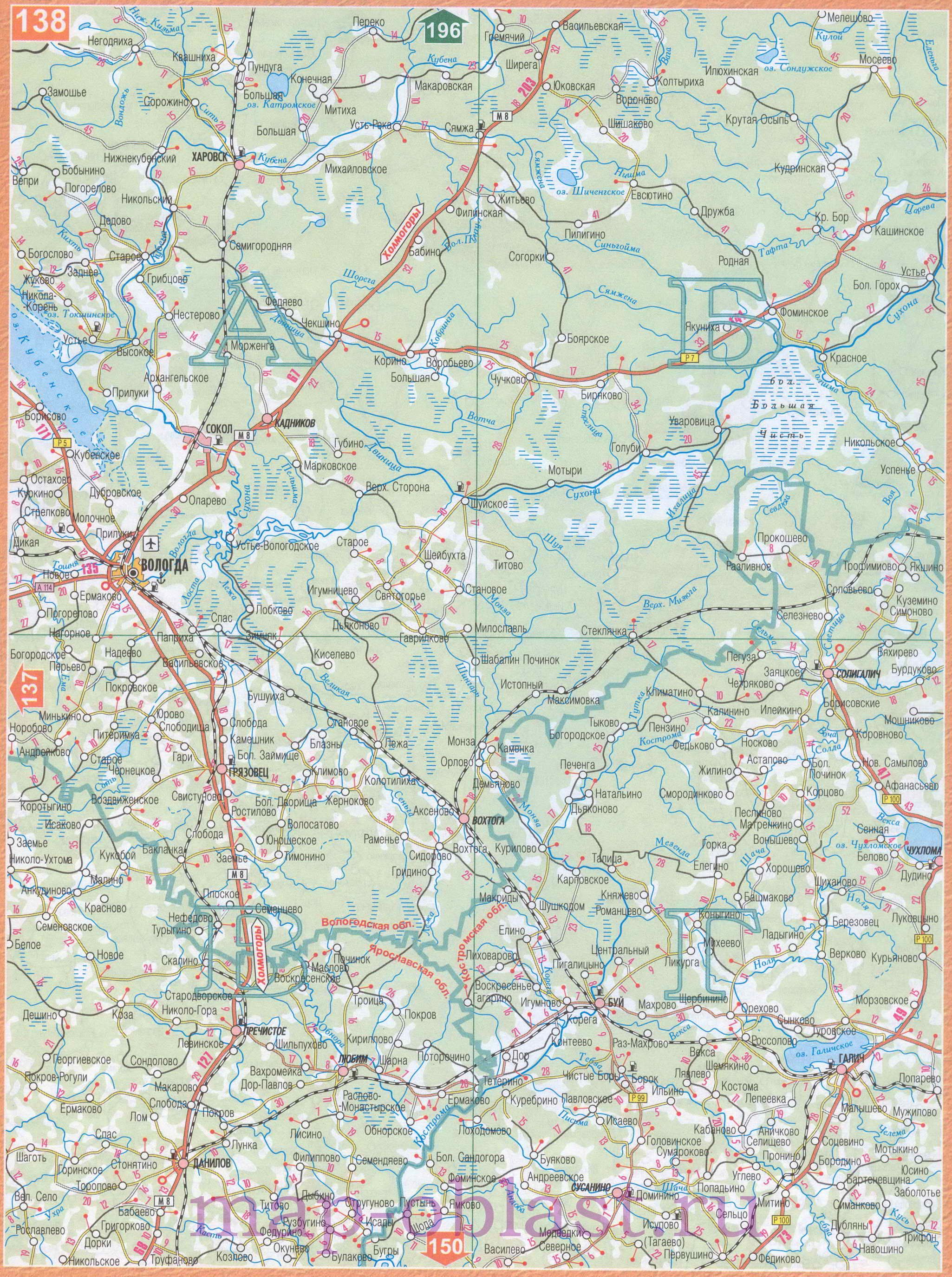 Карта Волго-Вятского экономического района. Подробная карта автодорог Волго-Вятского региона России, A0 - 