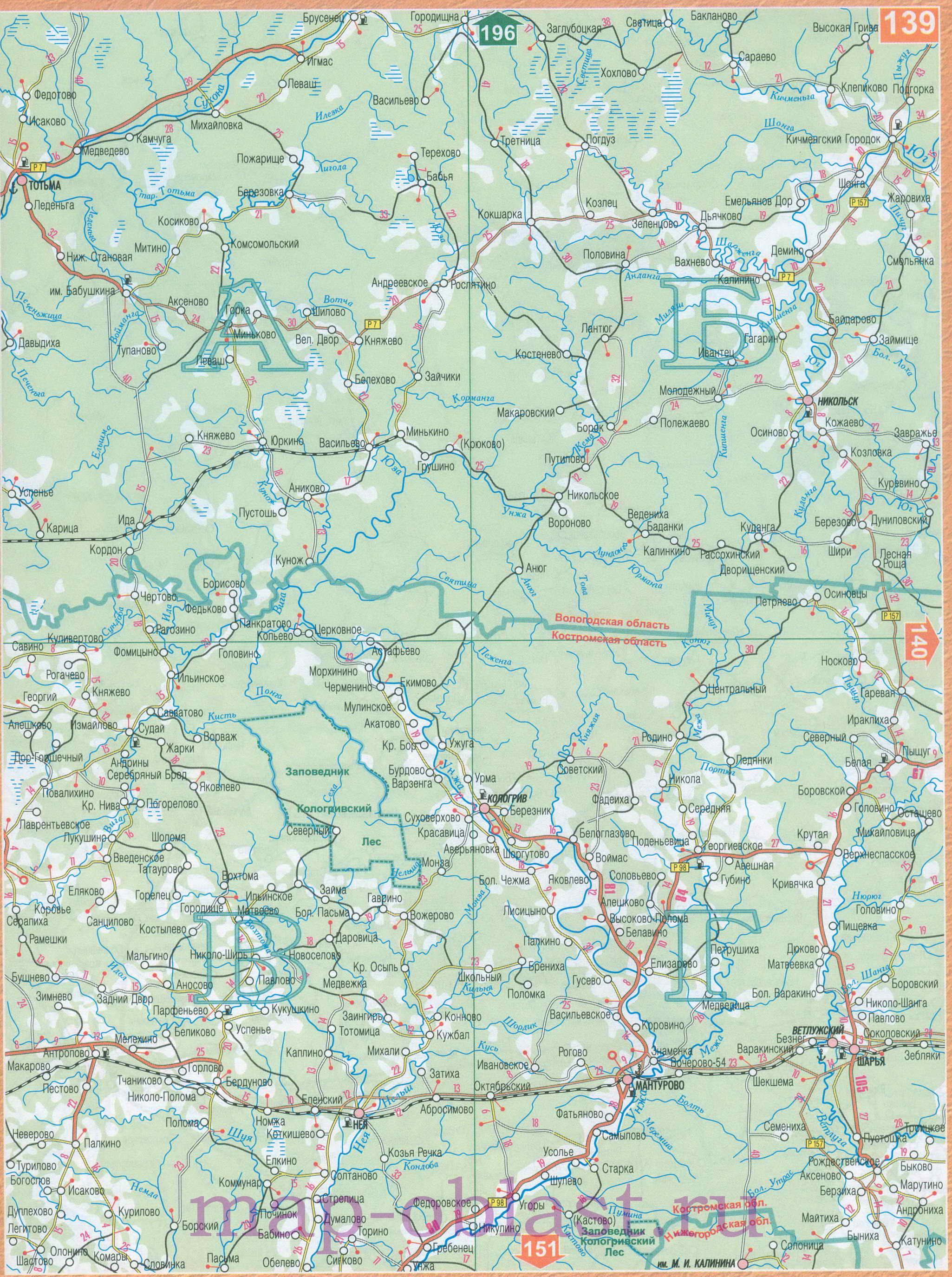 Карта Волго-Вятского экономического района. Подробная карта автодорог Волго-Вятского региона России, B0 - 