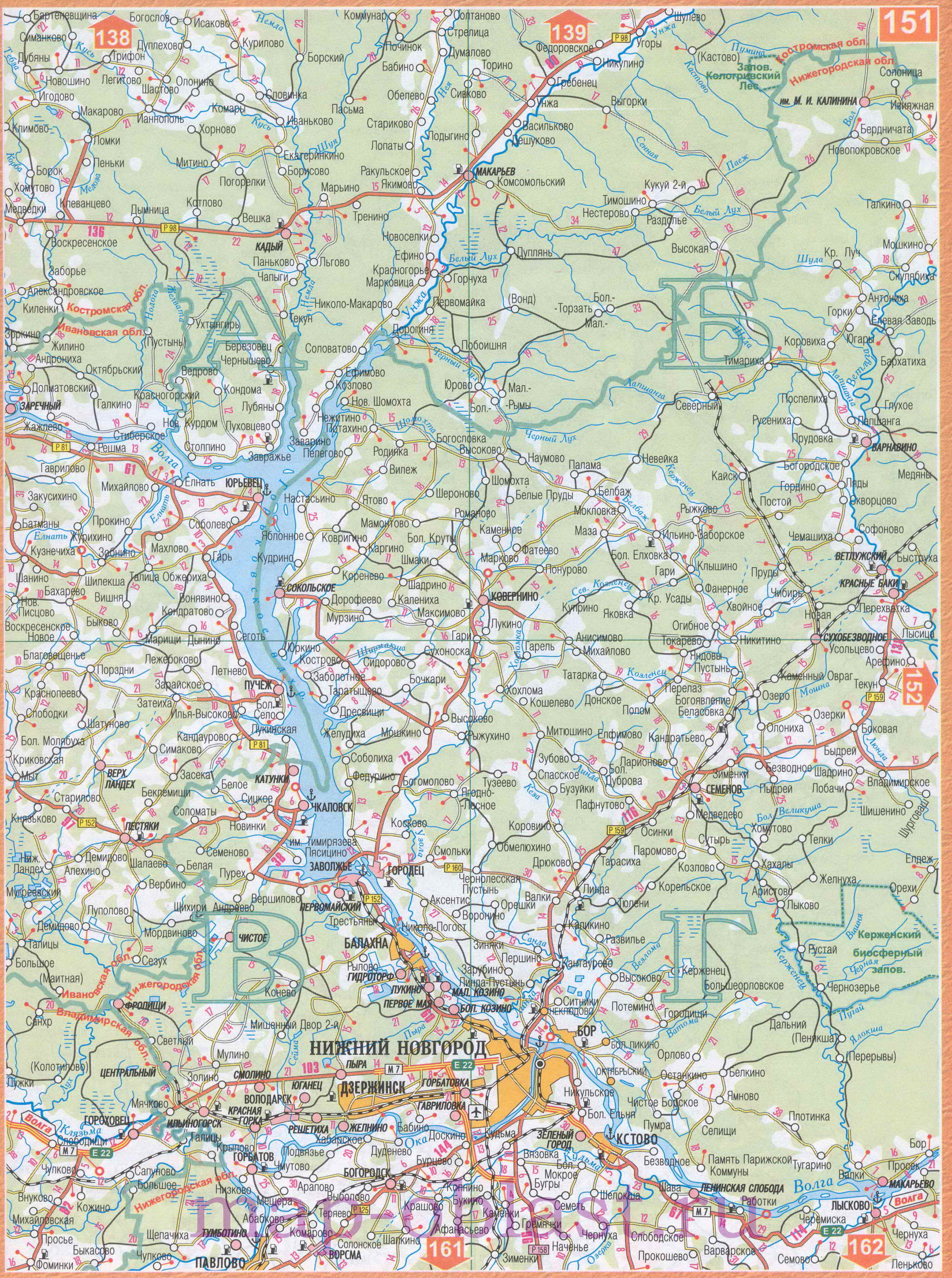 Карта Волго-Вятского экономического района. Подробная карта автодорог Волго-Вятского региона России, B1 - 