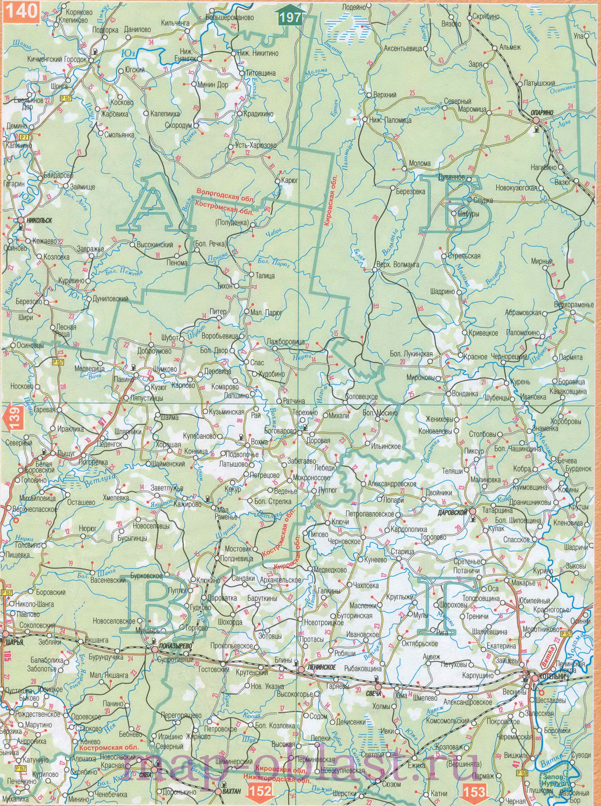 Карта Волго-Вятского экономического района. Подробная карта автодорог Волго-Вятского региона России, C0 - 