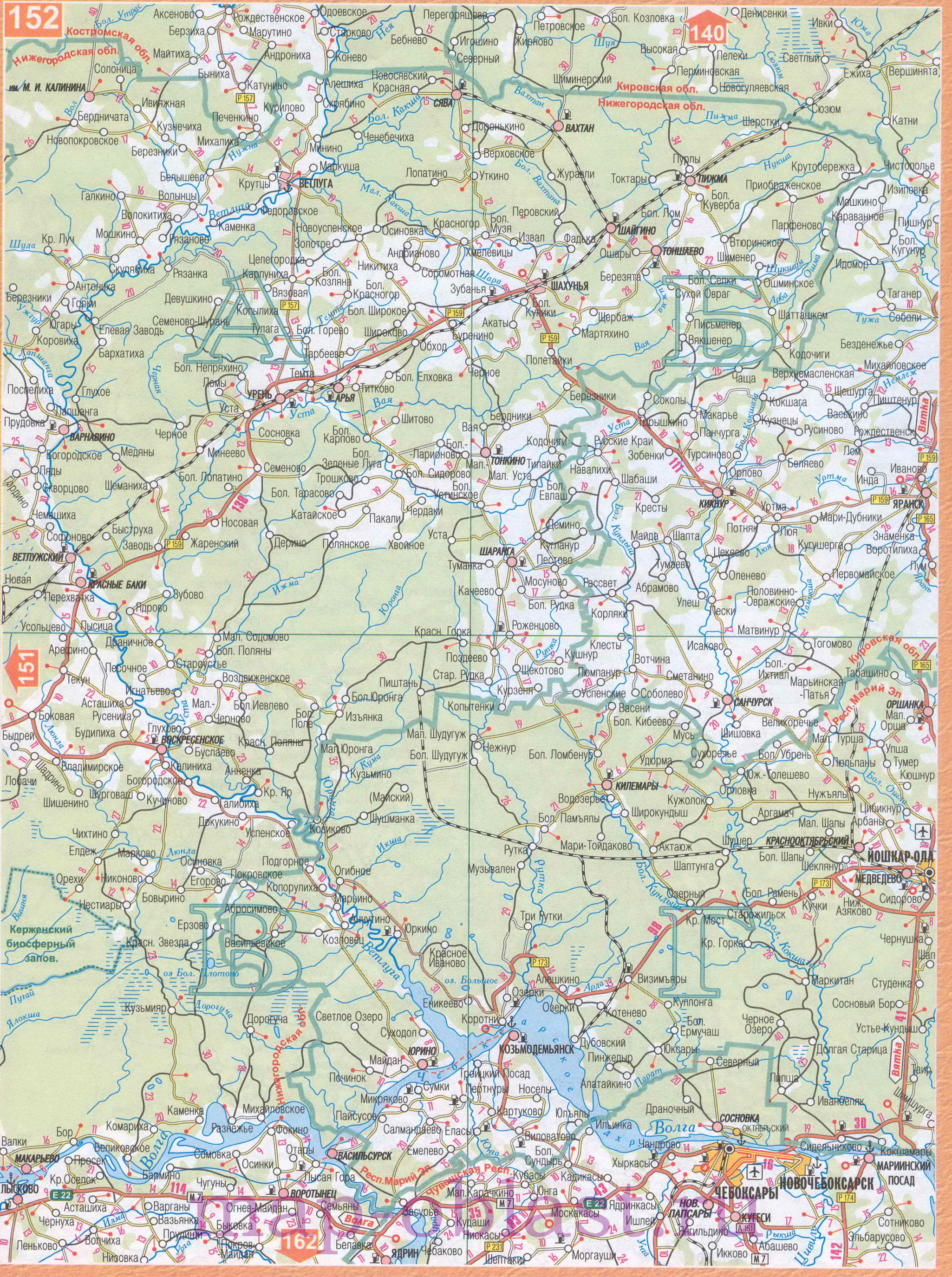 Карта Волго-Вятского экономического района. Подробная карта автодорог Волго-Вятского региона России, C1 - 
