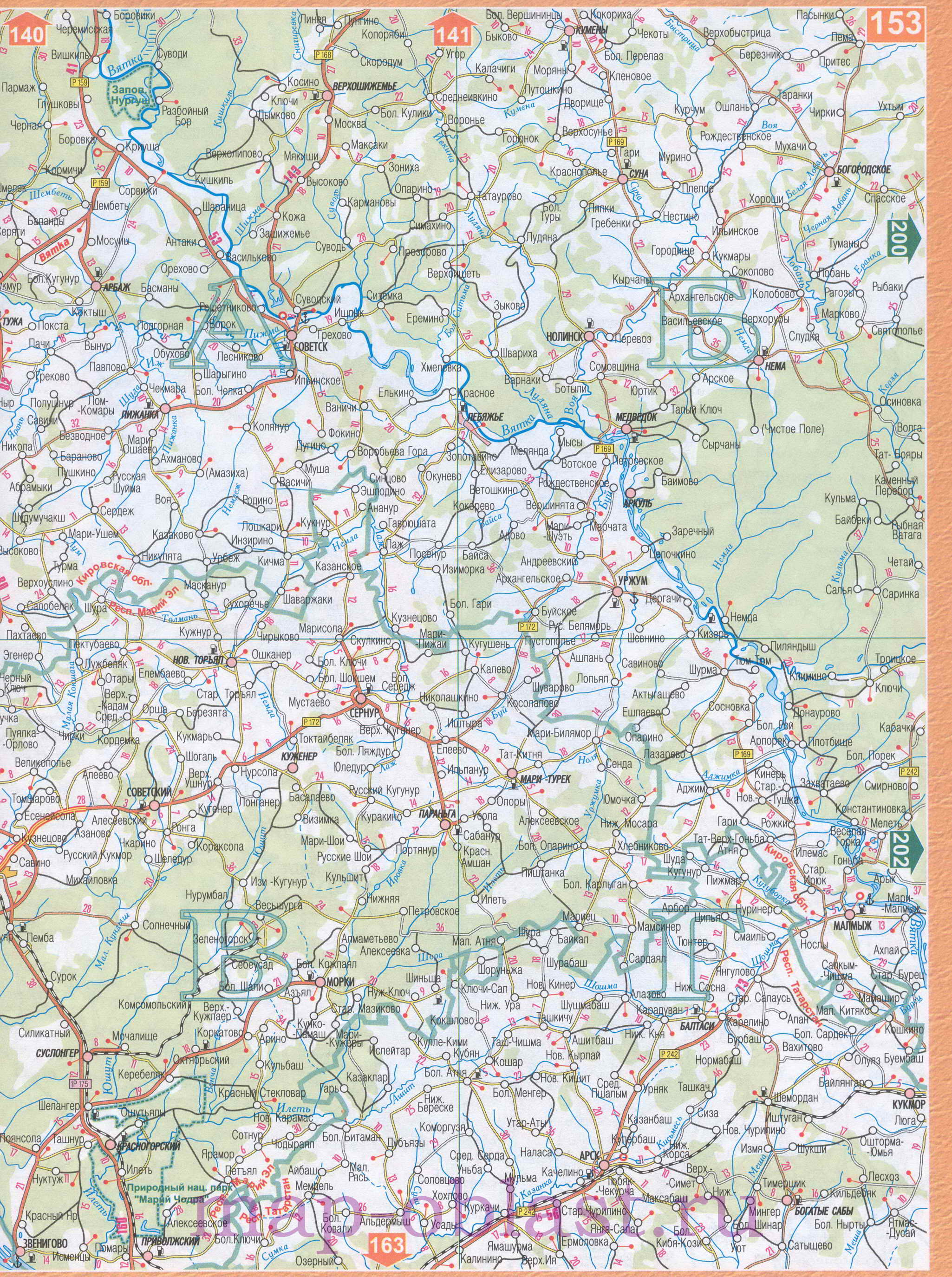 Карта Волго-Вятского экономического района. Подробная карта автодорог Волго-Вятского региона России, D1 - 